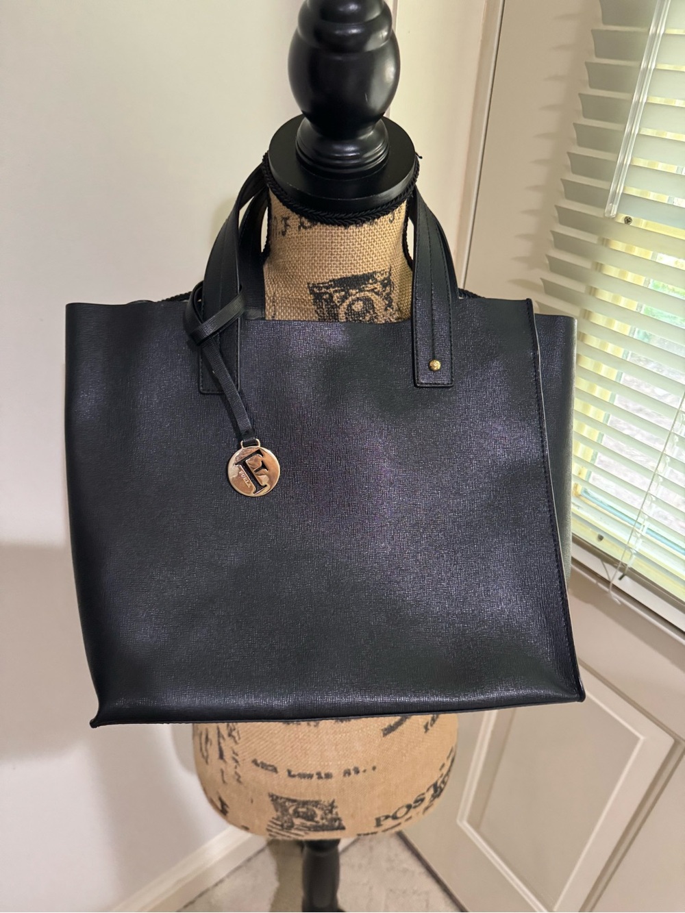 Furla Black Tote with Gold Logo Charm